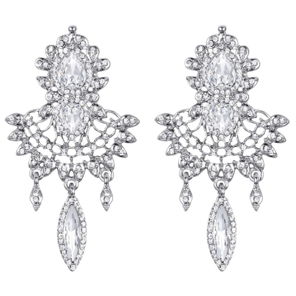 Silver with White Diamond Austrian Crystal Banquet Chandelier Post Back Earrings